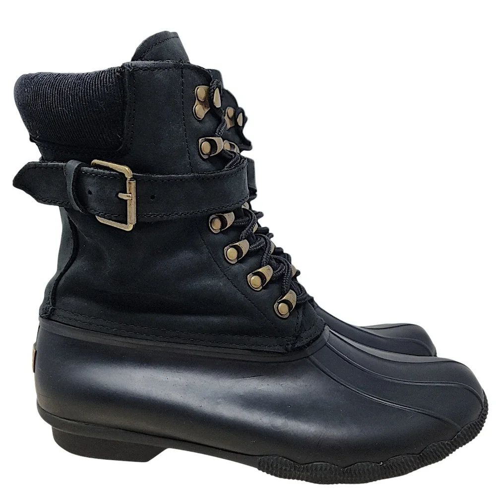 Sperry Duck Boots 9.5 Women Saltwater Black Buckle Waterproof STS83220 Rain Snow